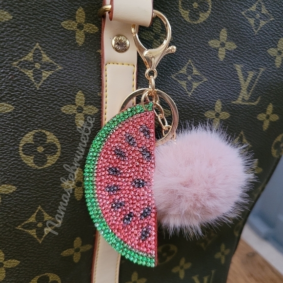 Rhinestone Watermelon Pom Pom Keychain Bag Charm - Picture 1 of 17